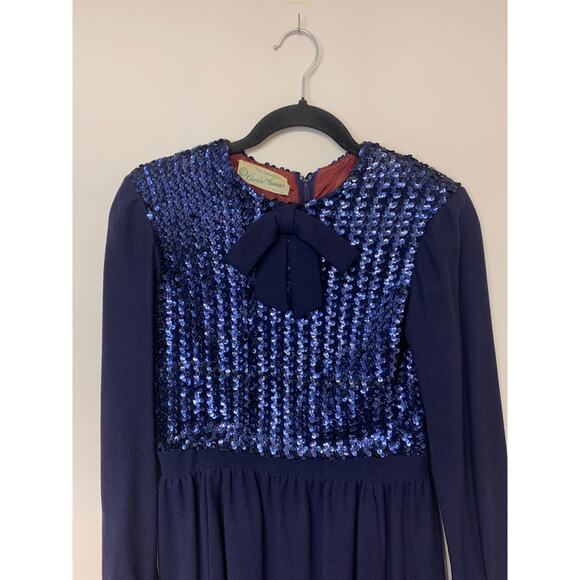 Vintage Cocktail Dress Sequin Bodice 60s Classic Elegant Navy Womens SZ 10 - Picture 2 of 13